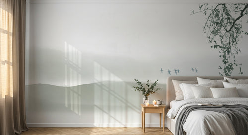 Design L0355 — Papier peint Paysage encre verte montagnes oiseaux — Novomur