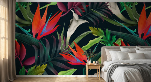 Design L0359 — Papier peint Fleurs tropicales rouges et calla fond fonce — Novomur