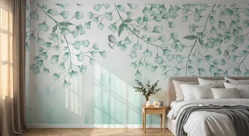Design L0392 — Papier peint Branches feuilles vert d'eau cascade — Novomur
