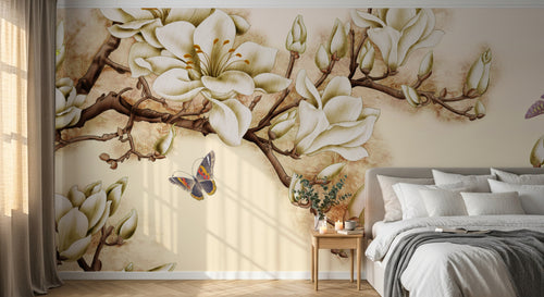 Design L0467 — Papier peint Magnolias blancs et papillon fond beige — Novomur