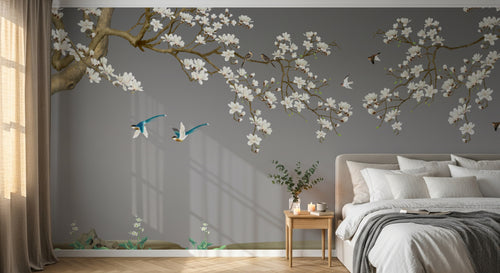 Design L0506 — Papier peint Magnolias oiseaux et rocher fond gris — Novomur