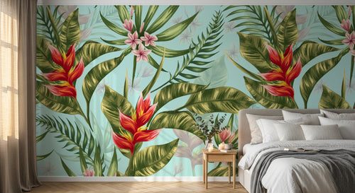 Design L0519 — Papier peint Pattern tropical oiseaux paradis fond bleu — Novomur