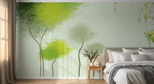Design L0604 — Papier peint Arbres griffonnes vert cage oiseaux — Novomur