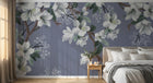 Design L0632 — Papier peint Cerisier fleurs blanches fond bleu gris — Novomur