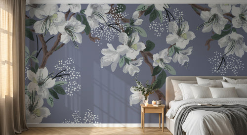 Design L0632 — Papier peint Cerisier fleurs blanches fond bleu gris — Novomur