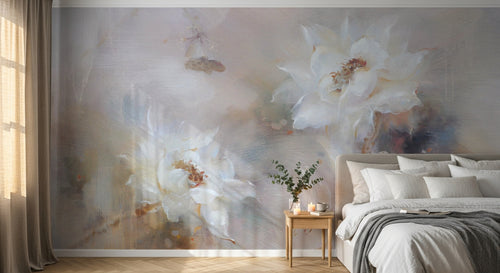 Design L0649 — Papier peint Roses blanches peinture artistique tons beige — Novomur