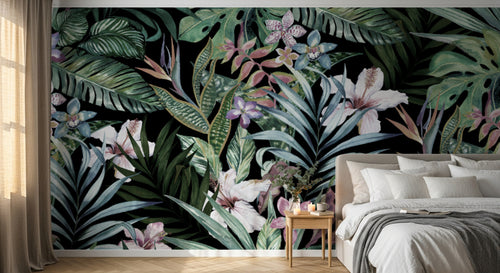 Design L0654 — Papier peint Pattern jungle hibiscus orchidees fond marine — Novomur