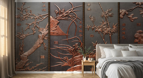 Design L0684 — Papier peint Quatre nobles plantes relief cuivre — Novomur