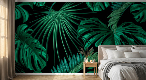 Design L0944 — Papier peint Monstera vert emeraude fond noir — Novomur