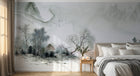 Design L0945 — Papier peint Paysage encre riviere brumeuse cabane — Novomur