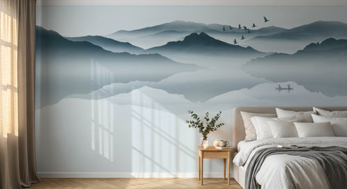 Design L1013 — Papier peint Paysage encre bleue montagnes reflet lac — Novomur