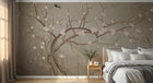 Design L1068 — Papier peint Prunier fleurs roses oiseaux fond taupe — Novomur
