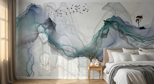 Design L1129 — Papier peint Encre fluide abstraite vol oiseaux — Novomur