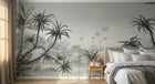 Papier peint Palmier Tropical Vert - Collection 4 SD0032 en situation — Paysage tropical gris sépia gravure vintage — Design SD0032