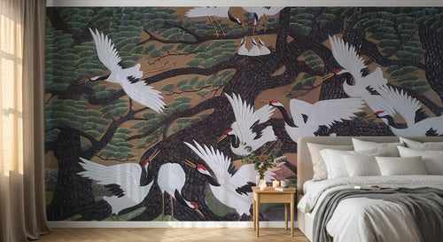 Design SL0002 — Papier peint Grues blanches sous pin peinture asiatique — Novomur