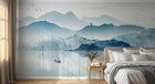 Design SL0004 — Papier peint Paysage encre bleue montagnes pagodes voiliers — Novomur
