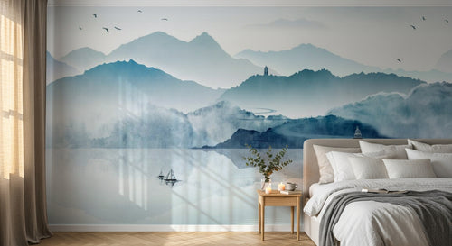 Design SL0004 — Papier peint Paysage encre bleue montagnes pagodes voiliers — Novomur