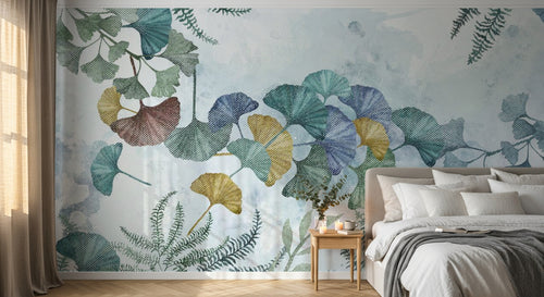 Design SL0008 — Papier peint Ginkgo multicolore aquarelle bleu pale — Novomur