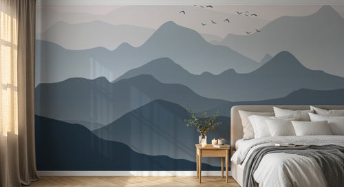 Design SL0010 — Papier peint Montagnes silhouettes bleues degrade ciel rose — Novomur