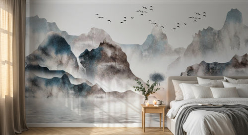 Design SL0032 — Papier peint Paysage encre bleu marron montagnes lac — Novomur