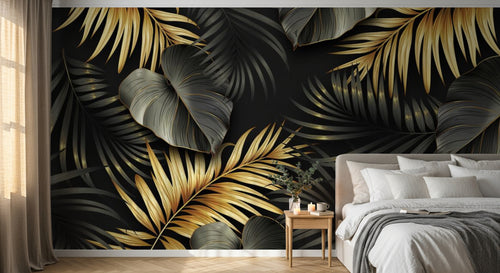 Design SL0033 — Papier peint Feuilles tropicales noir et or luxe — Novomur