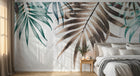 Design SL0045 — Papier peint Palmes turquoise et marron fond gris — Novomur