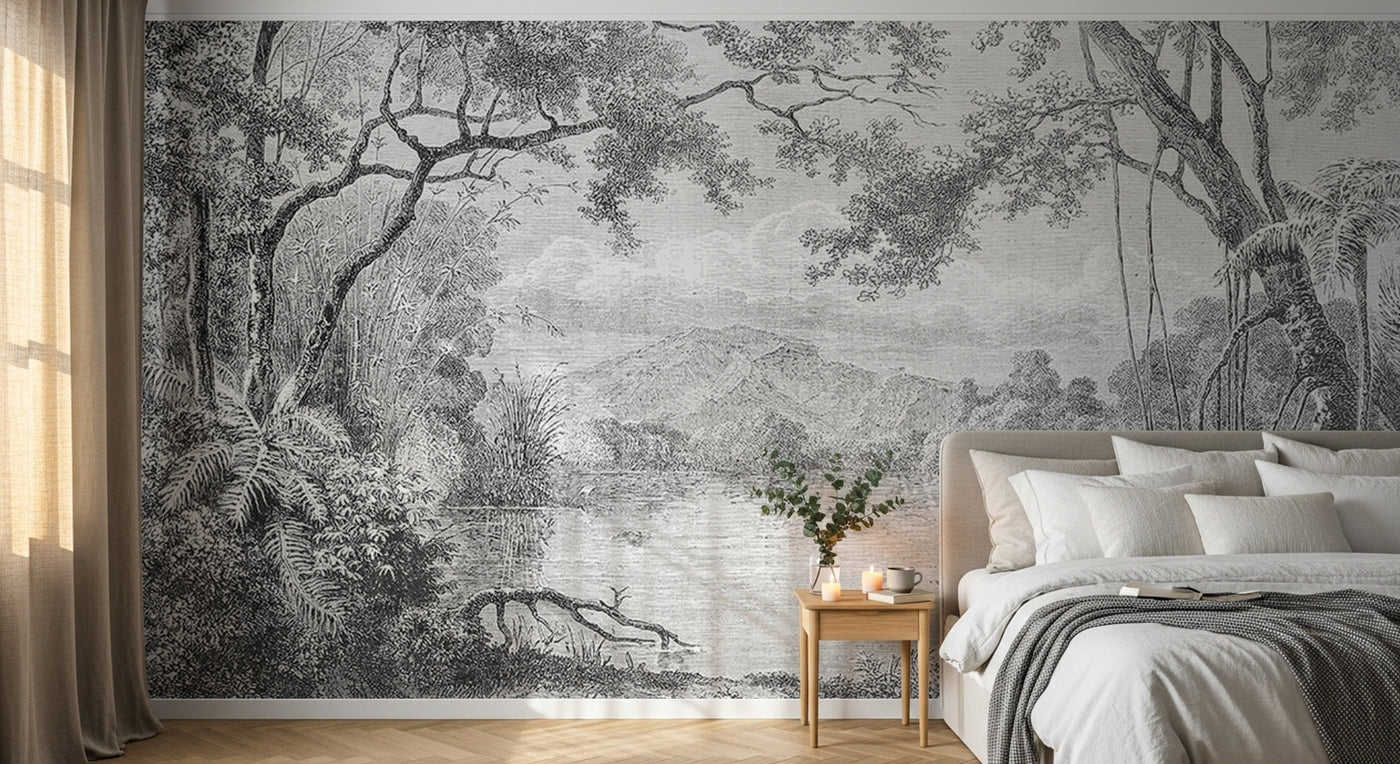Design SL0057 — Papier peint Paysage tropical gravure ancienne riviere — Novomur