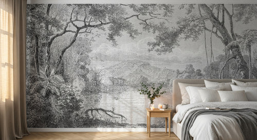 Design SL0057 — Papier peint Paysage tropical gravure ancienne riviere — Novomur