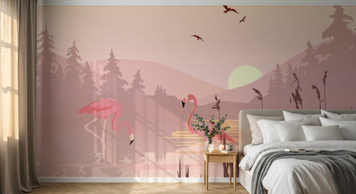 Design SL0060 — Papier peint Flamants roses coucher soleil lac roseaux — Novomur