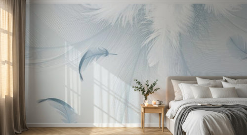 Design SL0061 — Papier peint Plumes blanches fond gris bleu lignes — Novomur