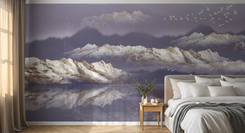 Design SL0063 — Papier peint Montagnes blanches dorees reflet ciel violet — Novomur