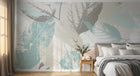Design SL0083 — Papier peint Feuilles stencil turquoise beige fond creme — Novomur