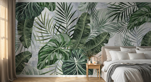 Design SL0086 — Papier peint Feuilles tropicales fond marbre gris — Novomur