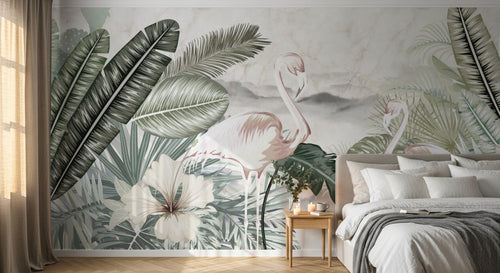 Design SL0097 — Papier peint Flamants roses palmes fond marbre — Novomur