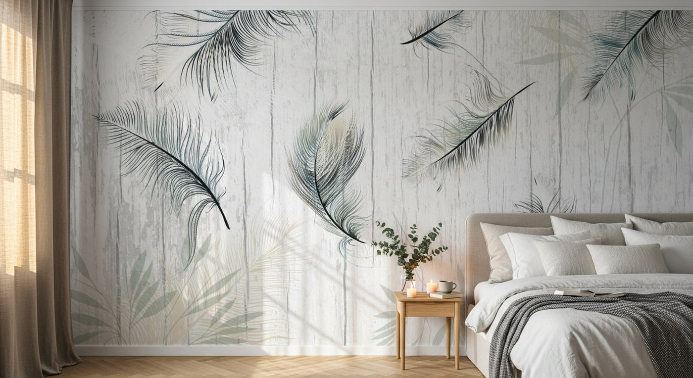 Design SL0109 — Papier peint Plumes noires fond bois blanc tropical — Novomur