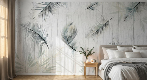 Design SL0109 — Papier peint Plumes noires fond bois blanc tropical — Novomur