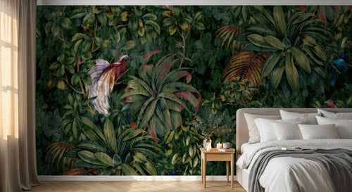Design SL0120 — Papier peint Jungle dense vintage paradisiers vert sombre — Novomur