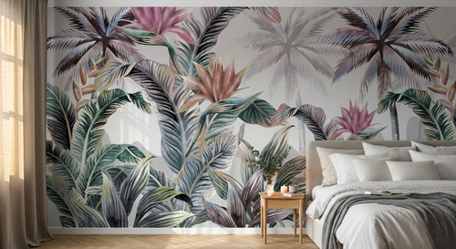 Design SL0141 — Papier peint Jungle pastel oiseaux paradis fond brume — Novomur