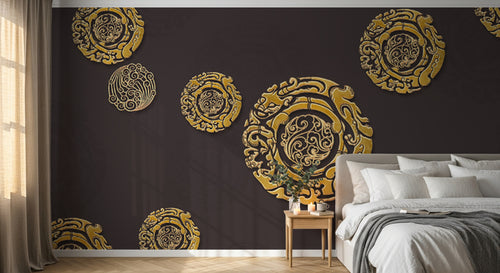 Design SL0142 — Papier peint Medaillons dores dragons fond marron — Novomur