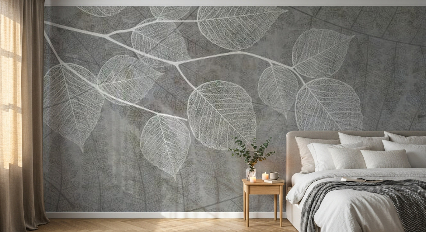 Design SL0168 — Papier peint Branche feuilles transparentes blanches gris — Novomur