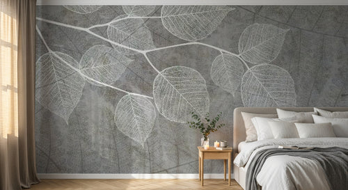 Design SL0168 — Papier peint Branche feuilles transparentes blanches gris — Novomur