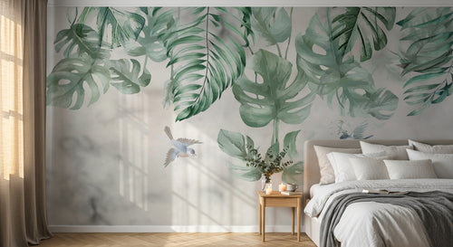 Design SL0173 — Papier peint Monstera cascade oiseaux fond marbre — Novomur