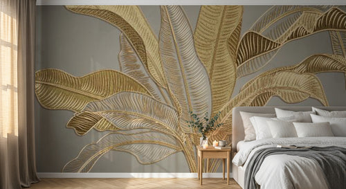 Design SL0175 — Papier peint Bananier dore relief fond gris — Novomur