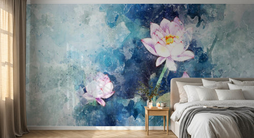 Design SL0187 — Papier peint Lotus aquarelle splash bleu vert — Novomur