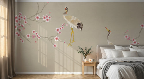 Design SL0203 — Papier peint Grues japonaises cerisier rose pastel — Novomur