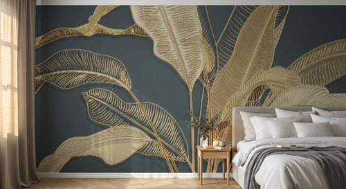 Design SL0206 — Papier peint Bananier dore relief fond bleu marine — Novomur