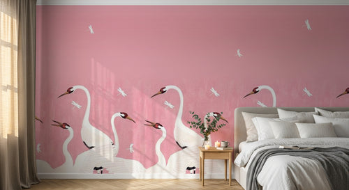 Design SL0211 — Papier peint Grues blanches fond rose pastel — Novomur
