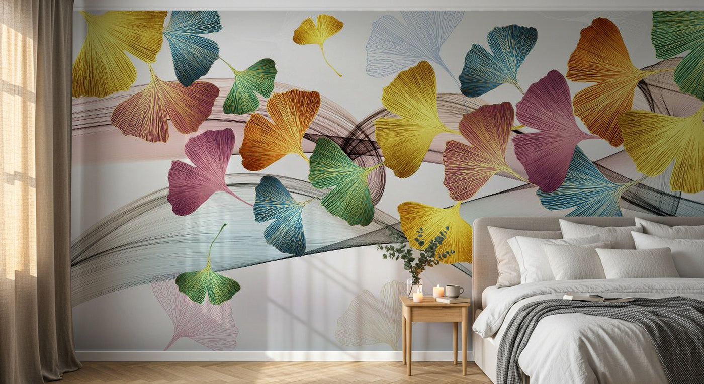 Design SL0212 — Papier peint Ginkgo multicolore lignes fluides — Novomur