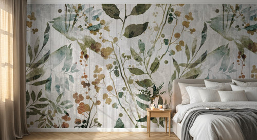 Design SL0235 — Papier peint Feuilles botaniques aquarelle vert beige — Novomur