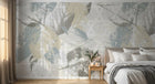 Design SL0257 — Papier peint Feuilles stencil vintage beige bleu gris — Novomur